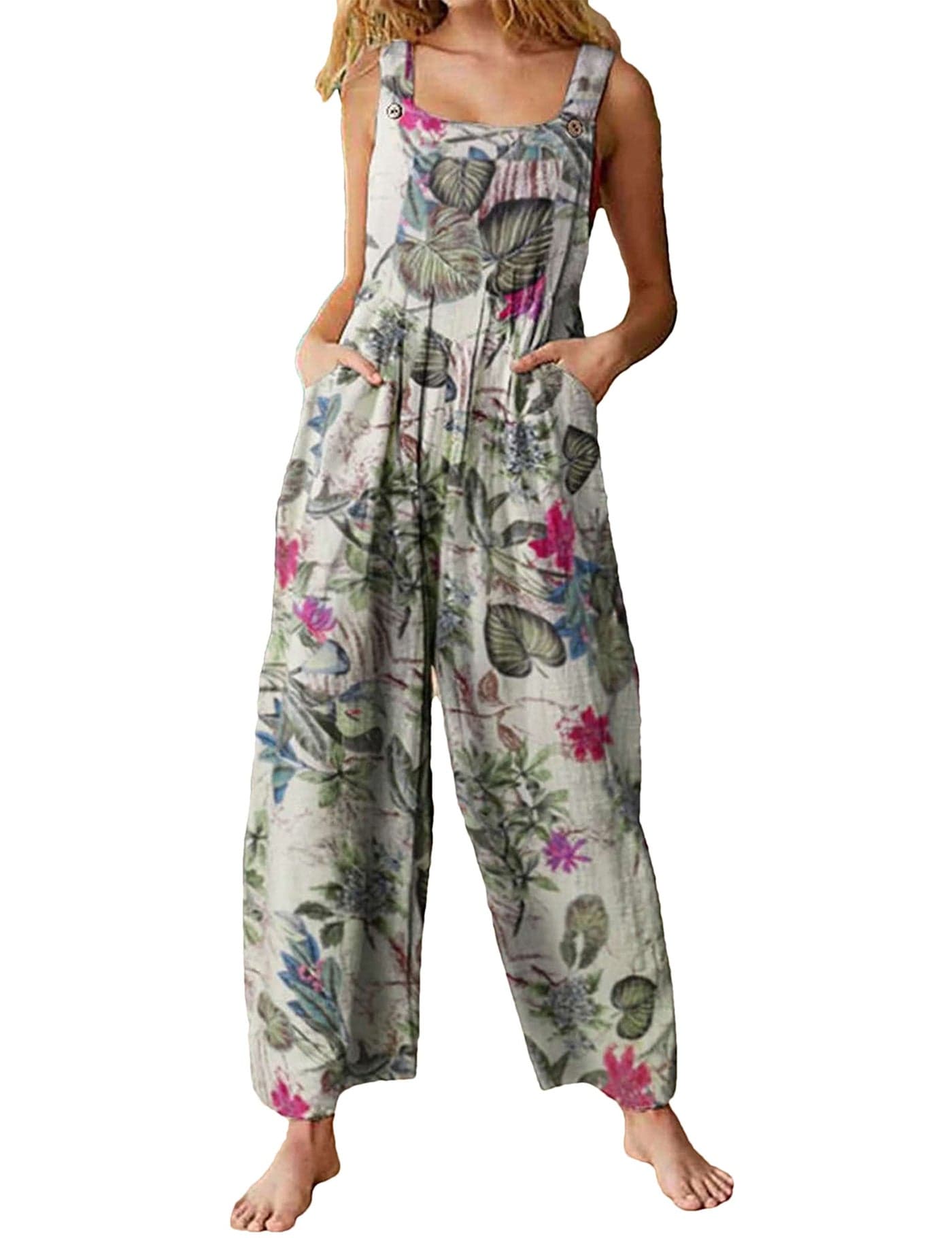 Himosyber Women's Patchwork Dual Pocket Jumpsuit Loose Floral Print Bohemian Wide Leg Bib Overall (#1White, M)