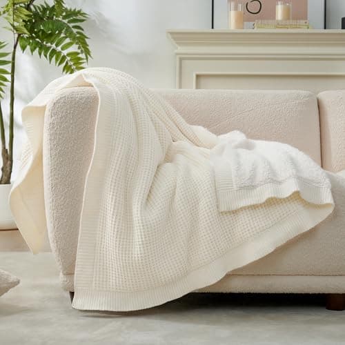 Amélie Home Reversible Waffle Weave Throw Blanket, Chenille Knit with Warm Sherpa, Soft Cozy Blanket for Couch, 50"x60", Ivory