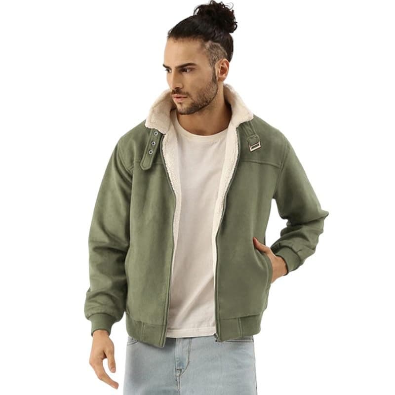 Campus Sutra Men's Obsidian Green Fur-Lined Suede Bomber Jacket For Casual Wear | High Neck | Long Sleeve | Zipper Closure | Jacket Crafted With Comfort Wear For Everyday Wear