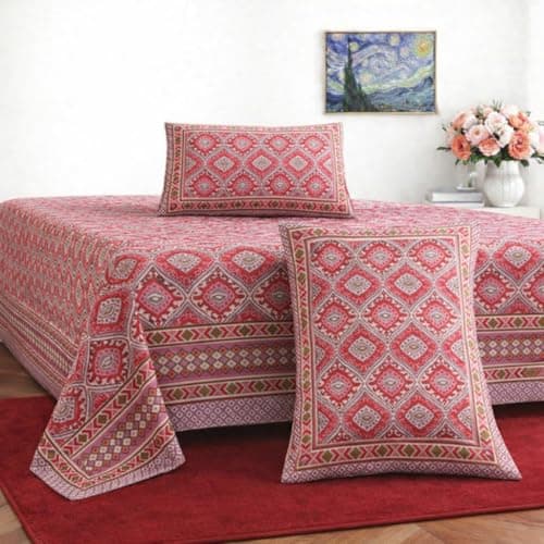 ElanorHomes 240 TC Jaipuri Cotton King Size Bedsheet (90x108 Inches) with 2 Pillow Covers | Handblock Floral Print | Soft, Breathable & Cooling Bed Sheet for Double Bed (Sindoori Jaali)