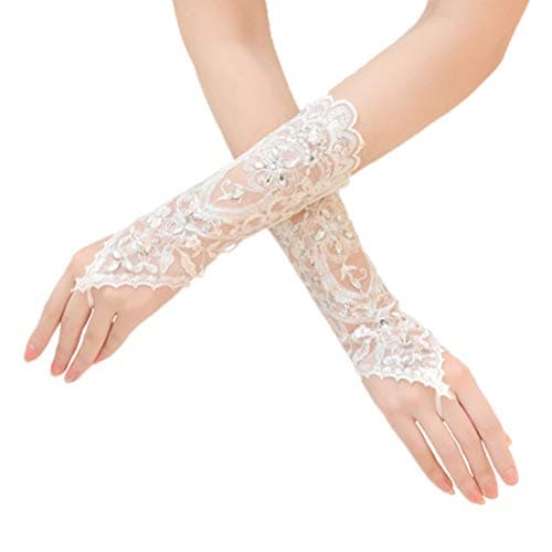 Vivivalue Women Lace Fingerless Elbow Bridal Rhinestone Wedding Party Prom White Gloves