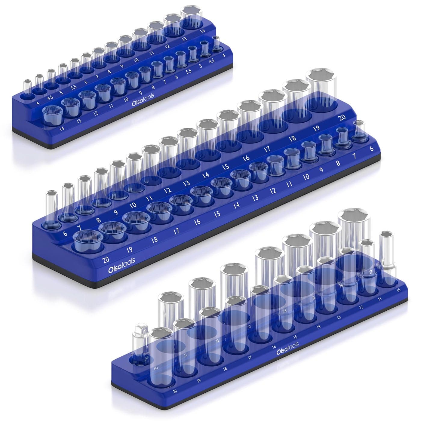 Olsa Tools Magnetic Socket Organizer | 3 Piece Socket Holder Kit | 1/2-inch, 3/8-inch, 1/4-inch Drive | Metric Blue | Holds 75 Sockets | Professional-Grade