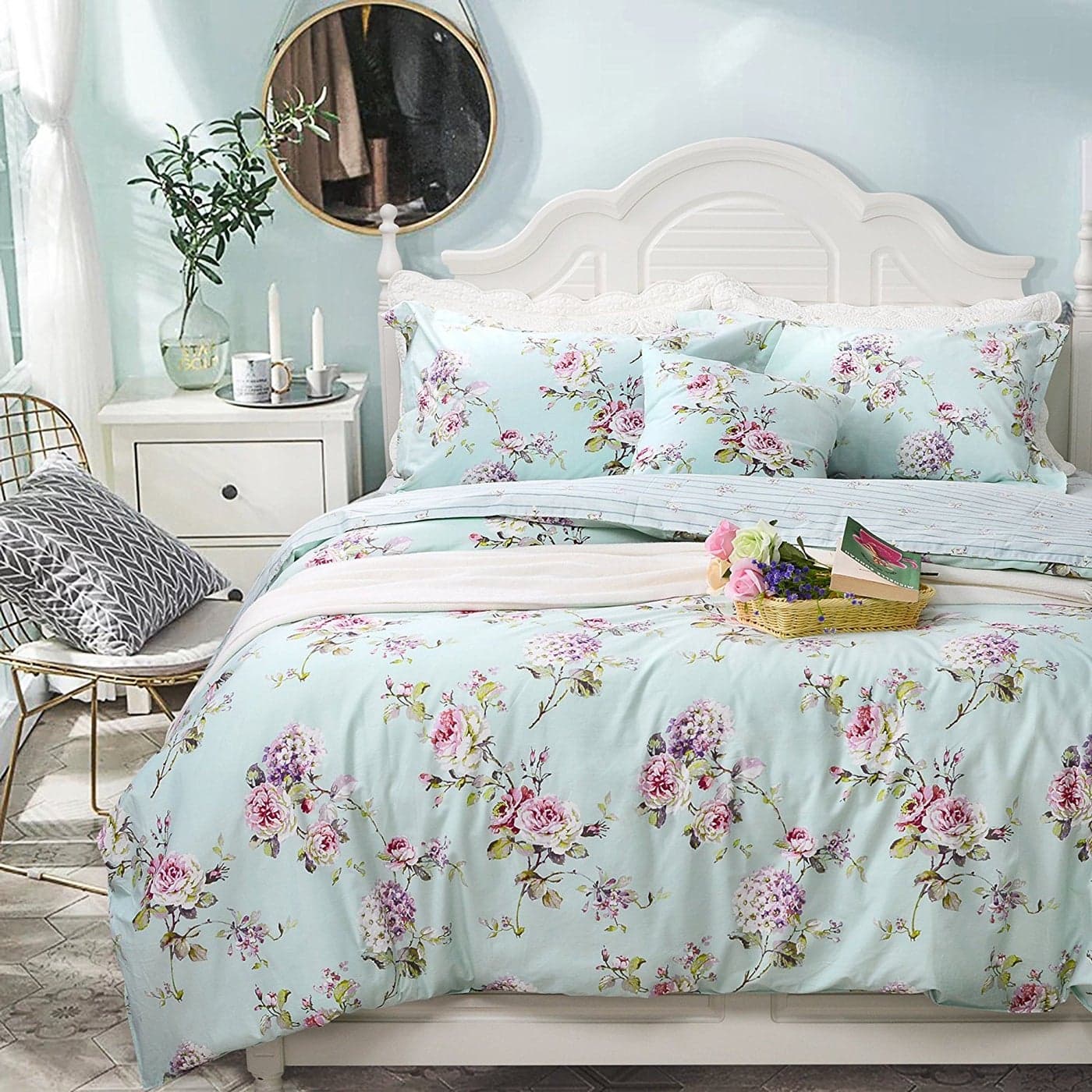 FADFAY Floral Duvet Cover Queen 100 Cotton Blue Green Farmhouse Bedding Super Soft Reversible Striped French Country Bed Cover Purple Hydrangea and Peony Print Zipper Comforter Cover 3 Pieces