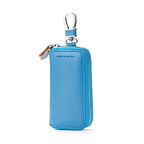 WESTONETEK Unisex Mens Womens Premium Leather Car Key Holder Bag Keychain Case Wallet with 6 Hooks Zipper Closure, Blue