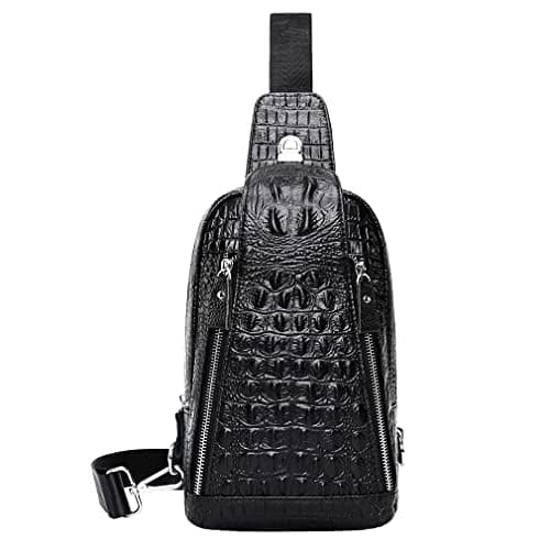 Hebetag Crocodile Genuine Leather Sling Bag Backpack for Men Travel Outdoor Hunting Hiking Camping Crossbody Shoulder Chest Pack Daypack Black