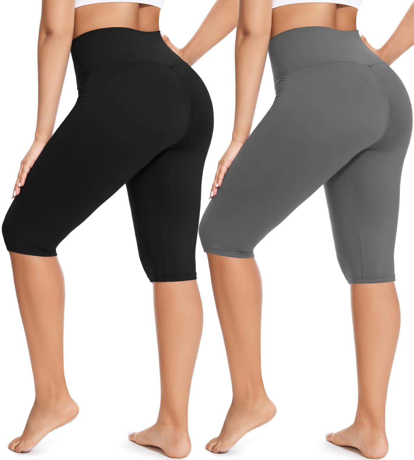 FULLSOFT 2 Pack Women's Knee-Length Leggings Capri Biker Shorts High Waist Tummy Control Yoga Leggings Workout Casual Summer(S-M,Black/Grey)
