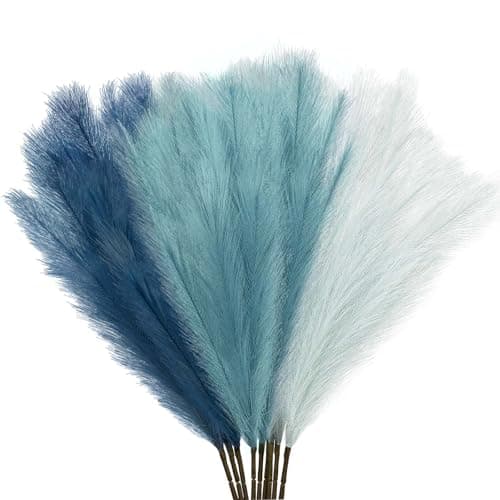 9Pcs 3FT Colorful Faux Pampas Grass for Boho Decor, KALYLOC Non-Shedding Fluffy Artificial Bulrush, Tall Reed Fluffy Stems Vase Filler Living Room Wedding Decoration (Light Blue)…