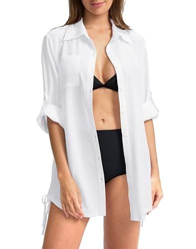 Women's UPF 50+ Long Sleeve UV Sun Protection Shirts Fishing Hiking Button Down Dress Shirt Swim Cover Up for Women(White, L)