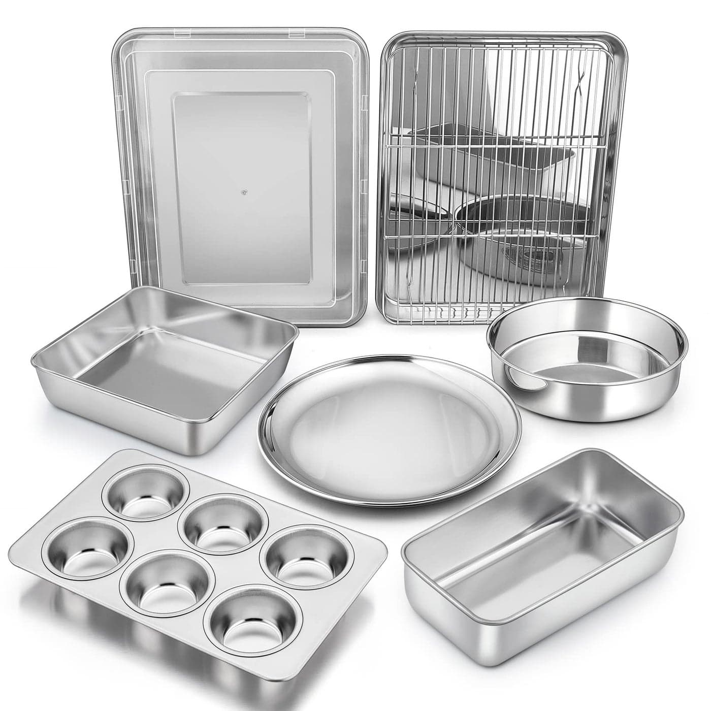 Bakeware Sets PP CHEF 9Piece Stainless Steel Baking Pans Set RoundSquare Cake Pan Toaster Oven Pan Lasagna Pan Loaf Pan Pizza Pan Muffin Pan Dishwasher Safe Durable Healthy Nontoxic