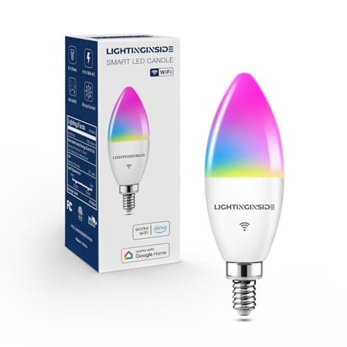 Lightinginside E12 Smart Light Bulbs 60W Equiv., Work with Alexa/Google Home/Smart Life, 500LM 6W RGBCW Candle Candelabra LED Light Bulbs, No Hub Required, 2.4G WiFi Bluetooth Bulb, ETL Listed, 1PC