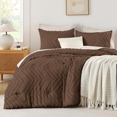 Andency Brown Comforter Set Full Size Boho Soft Warm Tufted Bedding Comforter Sets for Full Size Bed 3 Pieces Aesthetic Chevron Farmhouse Cute Bohemian Textured Bed Set