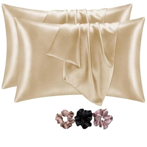GO WELL solid Satin Silk Pillow Covers Pack of 2 for Hair and Skin-with Satin Scrunchies for Women Stylish|Satin Pillow coer for Hair|scrunchies for Women 3-Piece|Silk Pillow case (Champagne) 600TC
