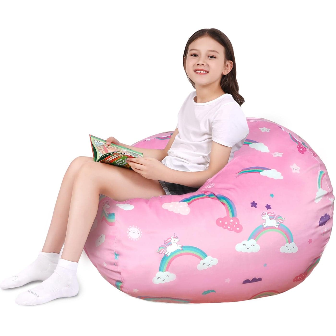 Lukeight Rainbow Unicorns Stuffed Animal Storage Bean Bag Chair Cover Premium Velvet Organizer with YKK Zipper Holds 60 Plush Toys Washable Kids Room Decor No Filling Large