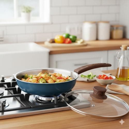 The Better Home 2.5mm Triply Coated Fry Pan(1.5L-22cm) with Glass Lid | Aluminium Fry Pan for Cooking | Frying Pan (Blue)