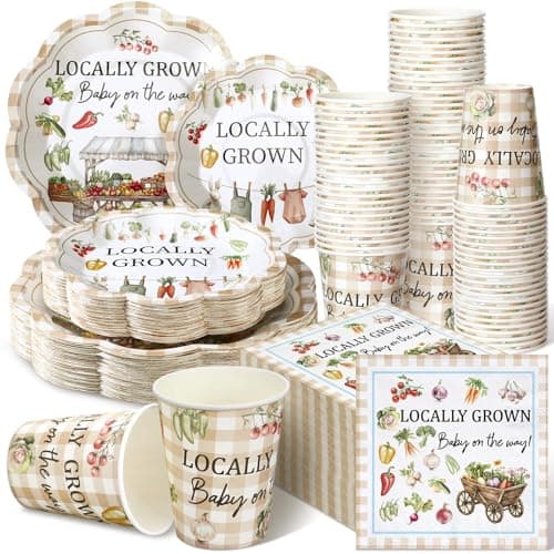 Newtay 250 Pcs Locally Grown Baby Shower Disposable Plates and Napkins Farmers Market Disposable Tableware Set for 50 Guests Vegetable Theme Paper Plates Napkins for Birthday Baby Shower Supplies