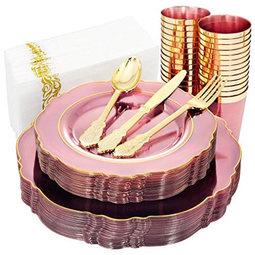 KIRE 210Pcs Clear Pink Plastic Plates with Gold Rim Disposable Gold Silverware Pink CupsHand Napkin Plum Colored Plastic Dinnerware for Upscale Wedding Mothers Day