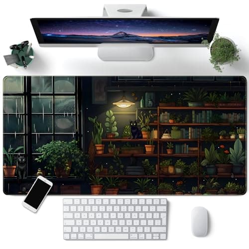 Lofi Cat Desk Mat Dark Green Plant Books Desk Pad Black Cat Aesthetic Anime Big Mouse Pad Large Gaming Mousepad XL Cool Keyboard Pad Deskmat Laptop Computer Mouse Mat 315X 157in
