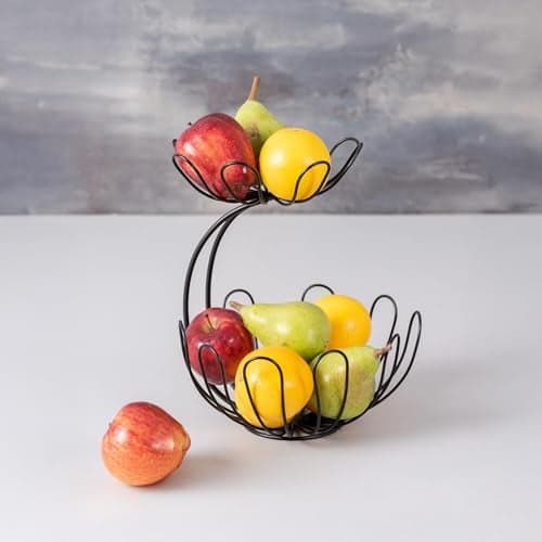 nestroots Fruit Basket Kitchen Stand Vegetable Basket Rack Stand for Kitchen | 2 Tier Round Net Baskets for Storage Metal Basket Fower Design Fruit Stand Storage Baskets (Black)