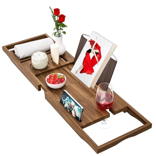 Premium Teak Bathtub Tray Caddy, Wooden Bath Caddy Trays for Bathtub, Bath Tub Wood Tray Table for Tub,Expandable Size, Fits Most Bath Tubs