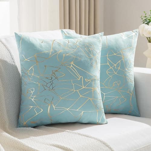 JELLYMONI Sparkling Decorative Pillow Covers Set of 2 18 x 18 inch Glitter Decorative Pillow Shams Light Blue with Gold Streaks Soft Pillowcases Home Decor for Sofa Couch Bed