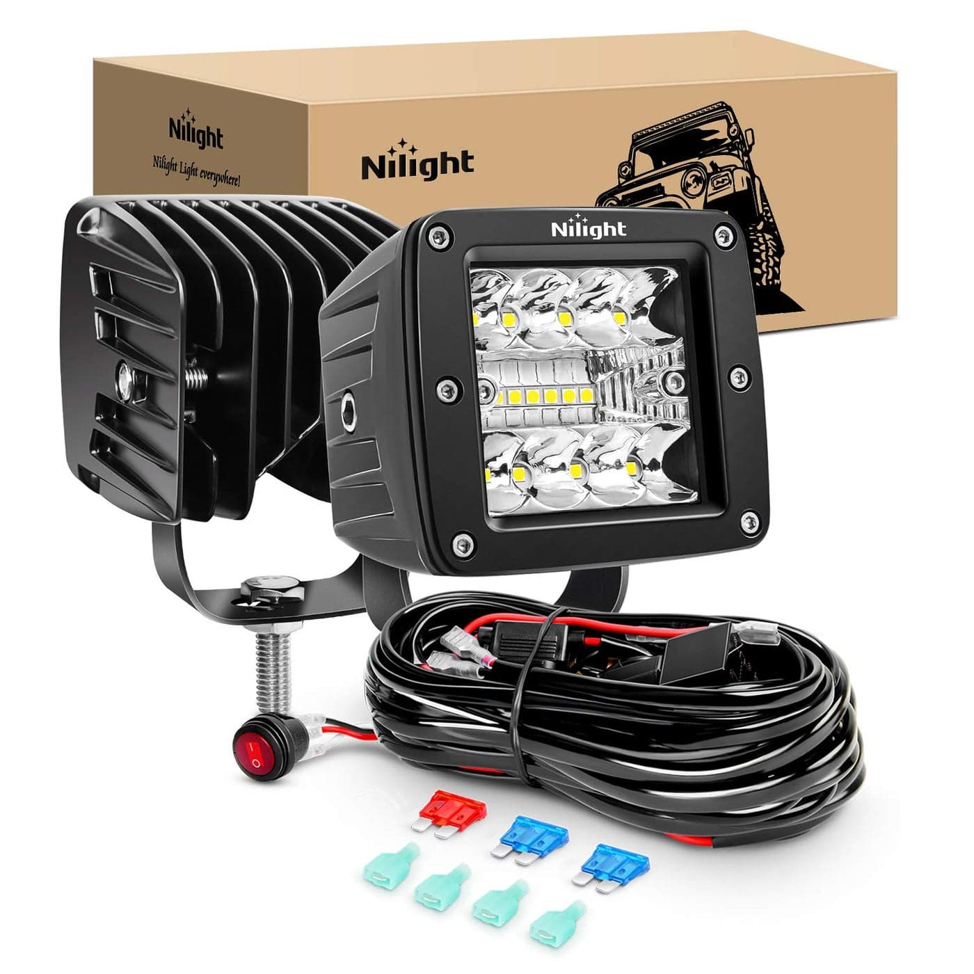 Nilight 2PCS 3Inch 42W LED Pods LED Cubes Upgraded Spot Flood Combo Beam Square Driving Light Backup Reverse Grill Mount with Wiring Harness Kit 2 leads 2 Years Warranty