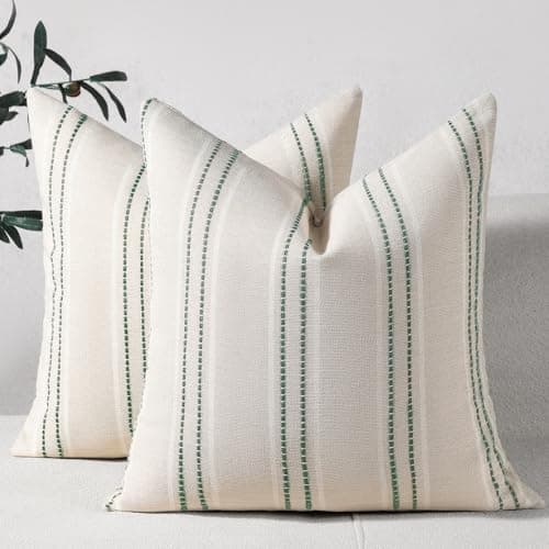 Hckot Spring Throw Pillow Covers 18x18 Set of 2 Green Pillow Covers Farmhouse Decorative Pillows Textured Linen Square Cushion Covers for Sofa Couch Bed Living Room Decor(Dark Green)