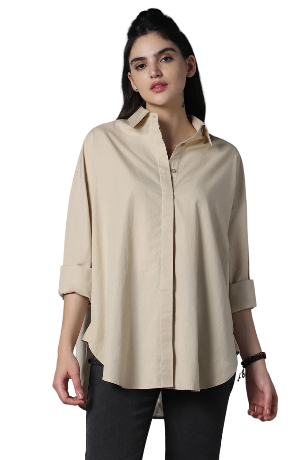 HIGH STAR Women's Cotton Oversized Fit Shirt (HSWSHS23001B_BE_Beige, 2XL