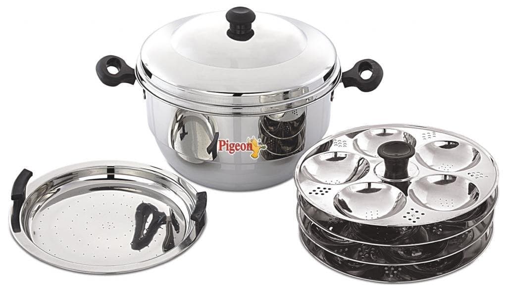 Pigeon Stainless Steel Idli Cooker with Steamer – 4 Plates, Makes 20 Idlis | Heavy Gauge Idli Maker with Lid & Stand | Gas & Induction Compatible(Hot 20)