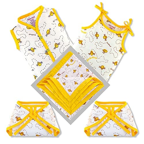 pom-pom SWEET HEARTS Newborn Baby Clothing Gift Set –Soft 100% Cotton Essentials for Boys & Girls | Pack of 5-1Vest, 1Slip, 2Tie-Up Nappy/Langot & a 2-Layer Swaddle/Blanket | Yellow (New Born)