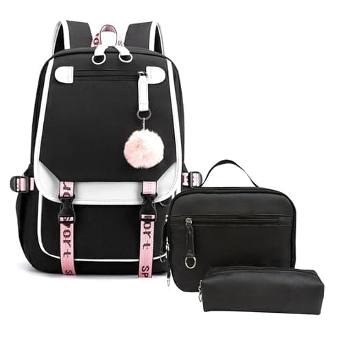 School Backpack for Girls Colorblock School Bag with Lunch Box Pencil Case Set 3PCS Girls Backpack for School Kids Bookbag with USB Charging Port