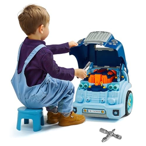 VEVOR Engine Toy 60 Pieces Kids Mechanic Car Repair Set with Removable Parts Lights and Sounds Steering Wheel and Horn Kids Mechanic Workshop Set for Toddler Ages 3 Years and Up Blue