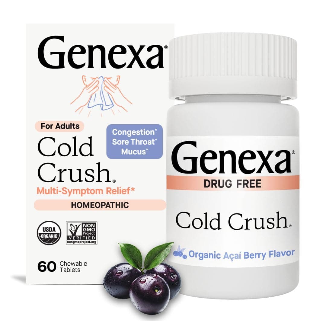 Genexa Cold Crush MultiSymptom Cough Congestion Sore Throat Relief for Adults Acai Berry Flavor Certified Organic NonGMO Homeopathic Remedy Made Clean 60 Chewable Tablets