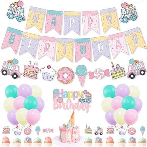 Comic Sweet Ice Cream Donut Birthday Party Decor, Cartoon 2D Comic HAPPY BIRTHDAY Party Banner Cake Toppers Balloons for Kids Awesome Ice Cream Theme Birthday Party Girls Candy Birthday Party Supplies