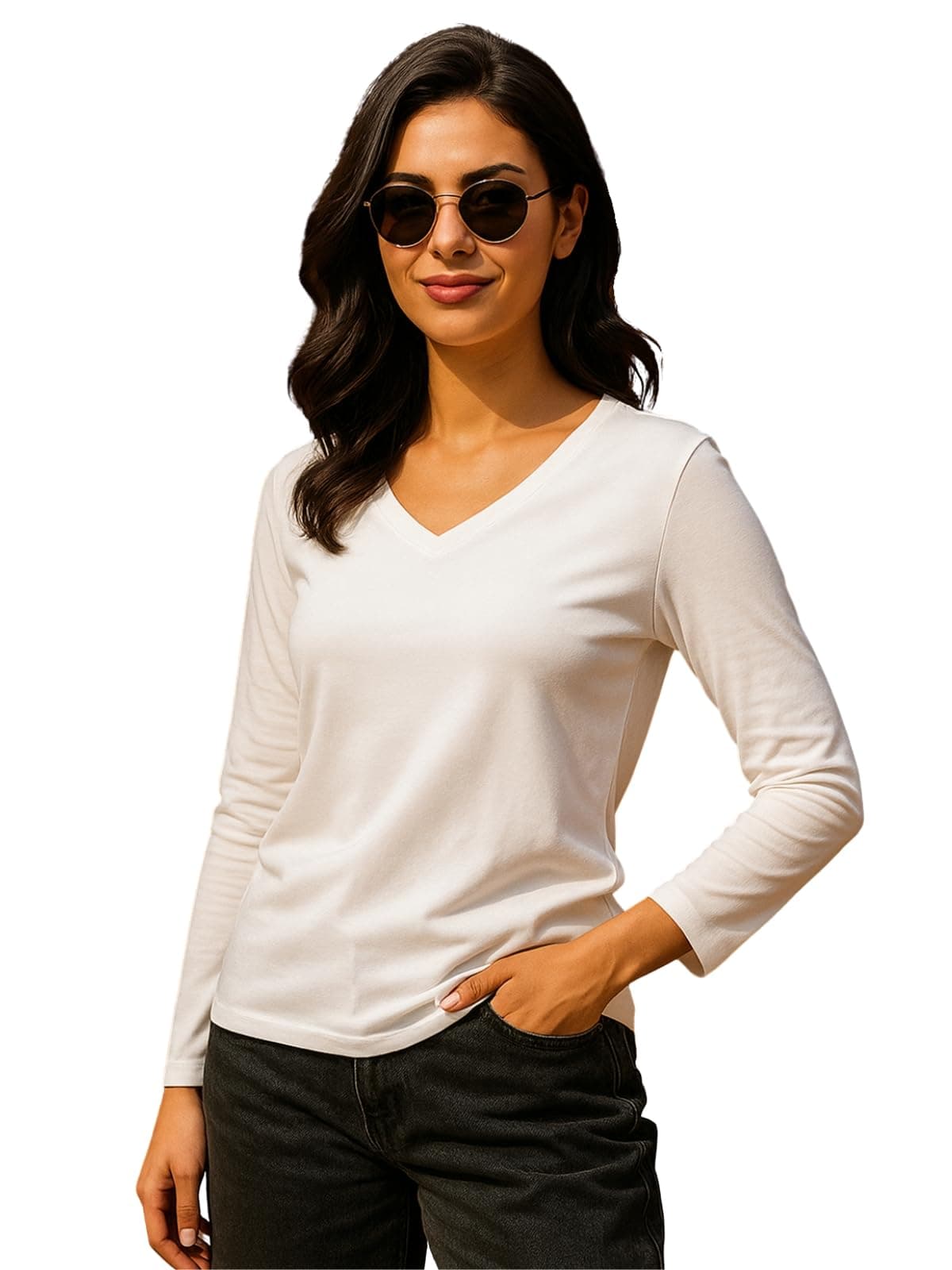 JUNEBERRY® Pure Cotton Regular Fit Solid Full Sleeve T-Shirt for Women & Girls JB_FS_V_WHT_L