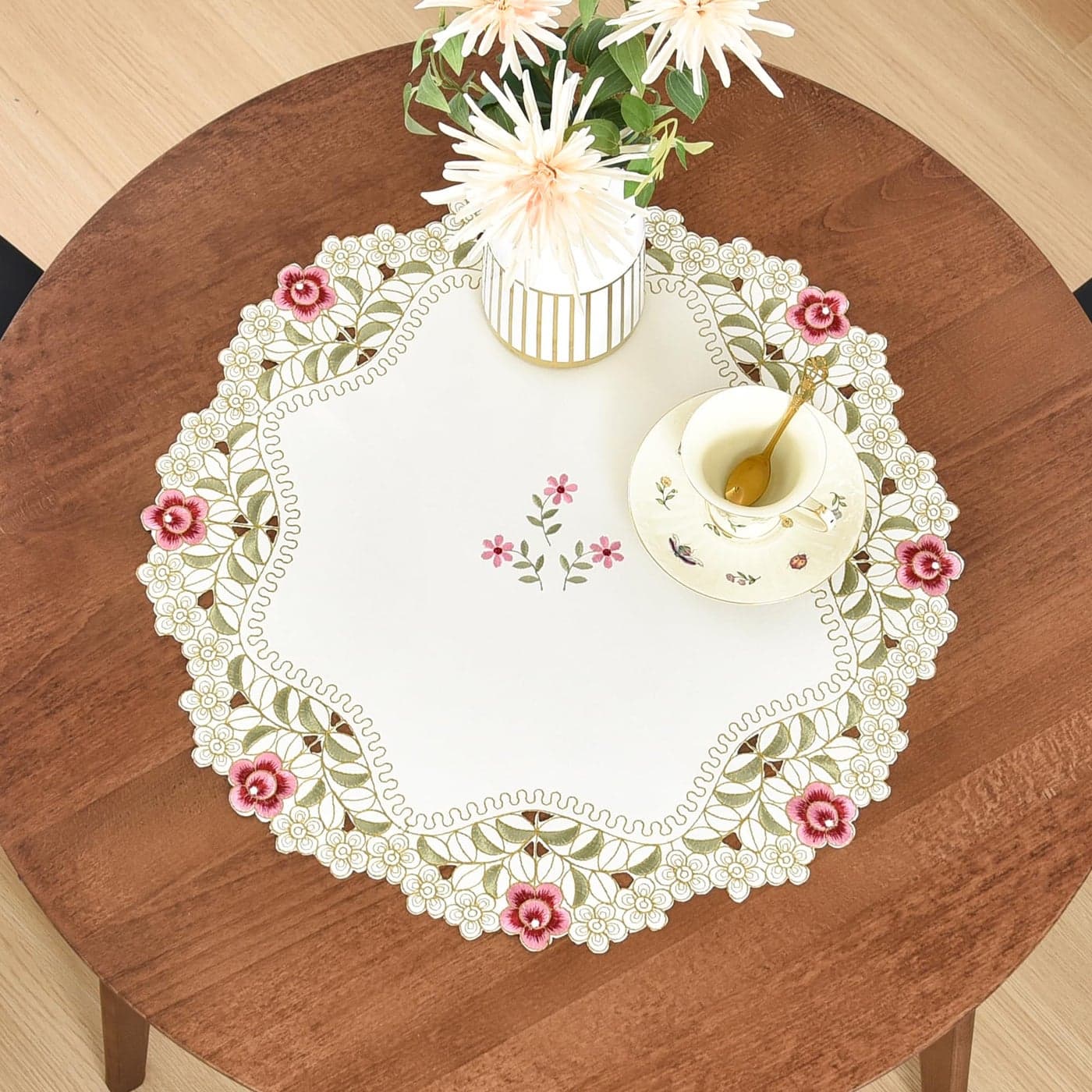 Wolkemer 2 Pack Small Round Doily Embroidered Place Mat Lace Table Topper Vintage Beige End Table Cover for Coffee Wedding Dinning Party 20 Inch