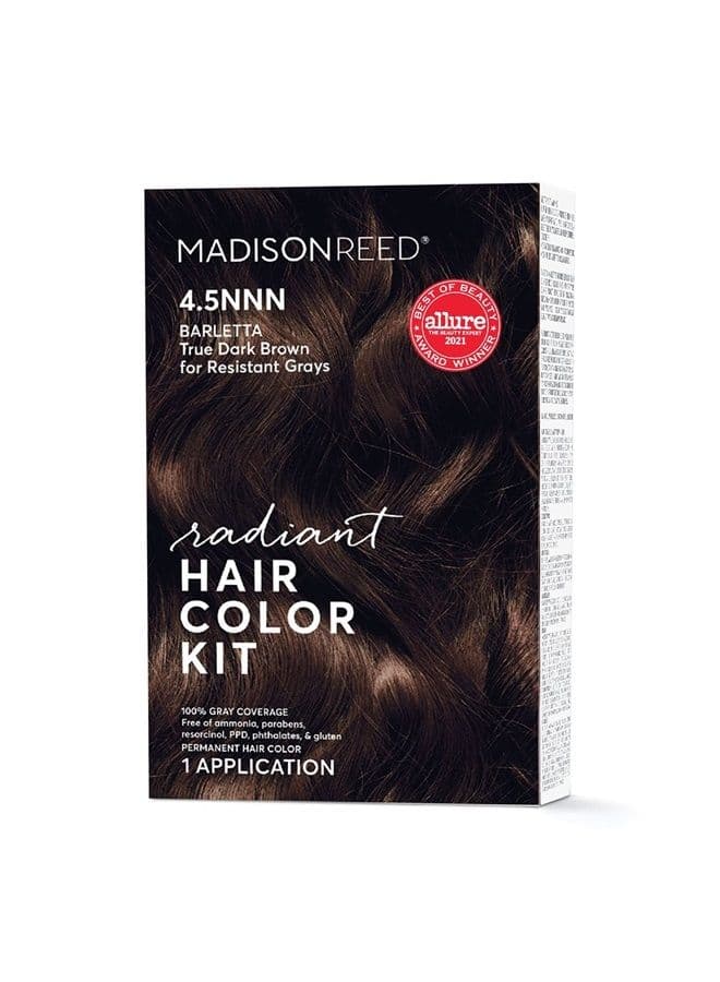 Radiant Hair Color Kit, Dark Brown for 100% Coverage of Resistant Gray Hair, Ammonia-Free, 4.5NNN Barletta Brown, Permanent Hair Dye, Pack of 1