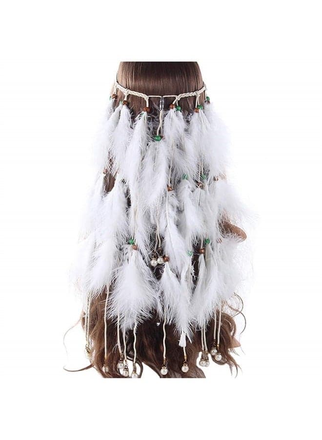 Feather Headband White Fake Pearl Hippie Indian Boho Hair Bands Tassel Bohemian Halloween Hair Hoop Women Crown Hairband Party Decoration Headdress Cosplay Costume Headwear Headpiece Hair Accessories