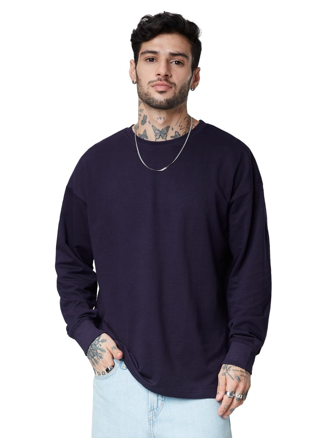 The Souled Store Solids: Berry Oversized Full Sleeve T-Shirts Purple