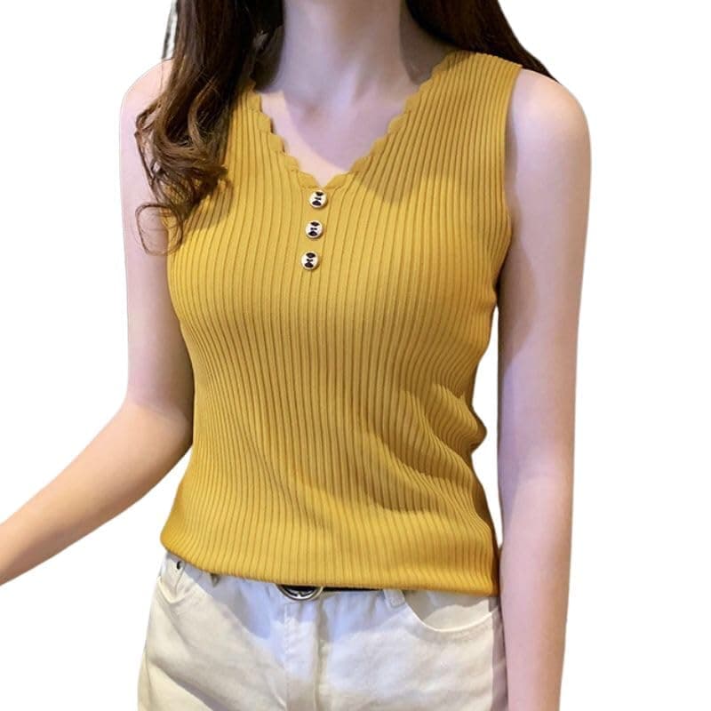 BROGBUS Women’s Korean Style V-Neck Sleeveless Summer Tank Top for Girls Regular Fit Casual Top (Free Size, Yellow)