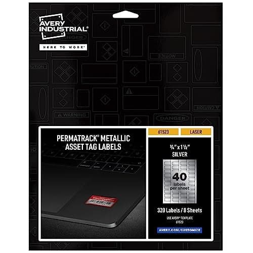 Avery Metallic Asset Tag Labels, 3/4 x 1-1/2", Laser Printable Tags, 320 Waterproof Labels (61523)