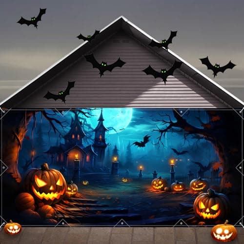 Halloween Decorations Garage Door Cover Large Hanging Backdrop Door Cover Halloween Garage Wall Decorations for Outdoor Home Yard Garage Door Decorations Party Photo Backgrounds 7X16Ft