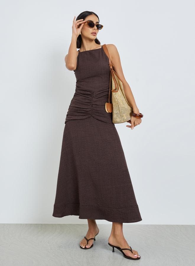 Brown Plain Sleeveless Maxi Sheath Dress