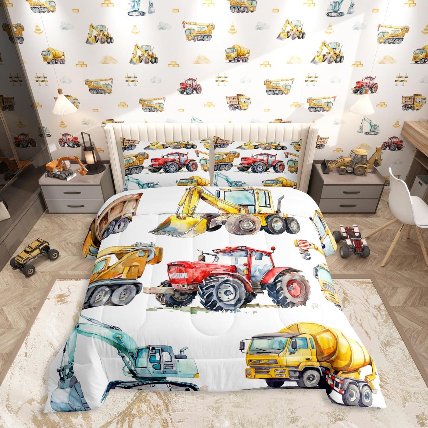 Erosebridal Kids Excavator Comforter Set Full Size Retro Truck Down Comforter for Boys Girls Teens Tractor Machinery Construction Vehicle Bedding Set Crane Digger Mixer Quilted Duvet Bedroom Decor