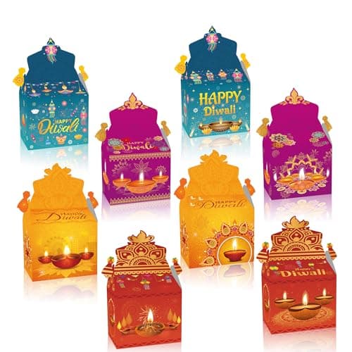 Apol 12 Pcs Happy Diwali Treat Box Indian Sweets Gift Box Gable Boxes Diwali Deepavali Party Favors Candy Goodie Box Snack Packaging Box for Indian Lights Festival Diwali Party Decorations Supplies