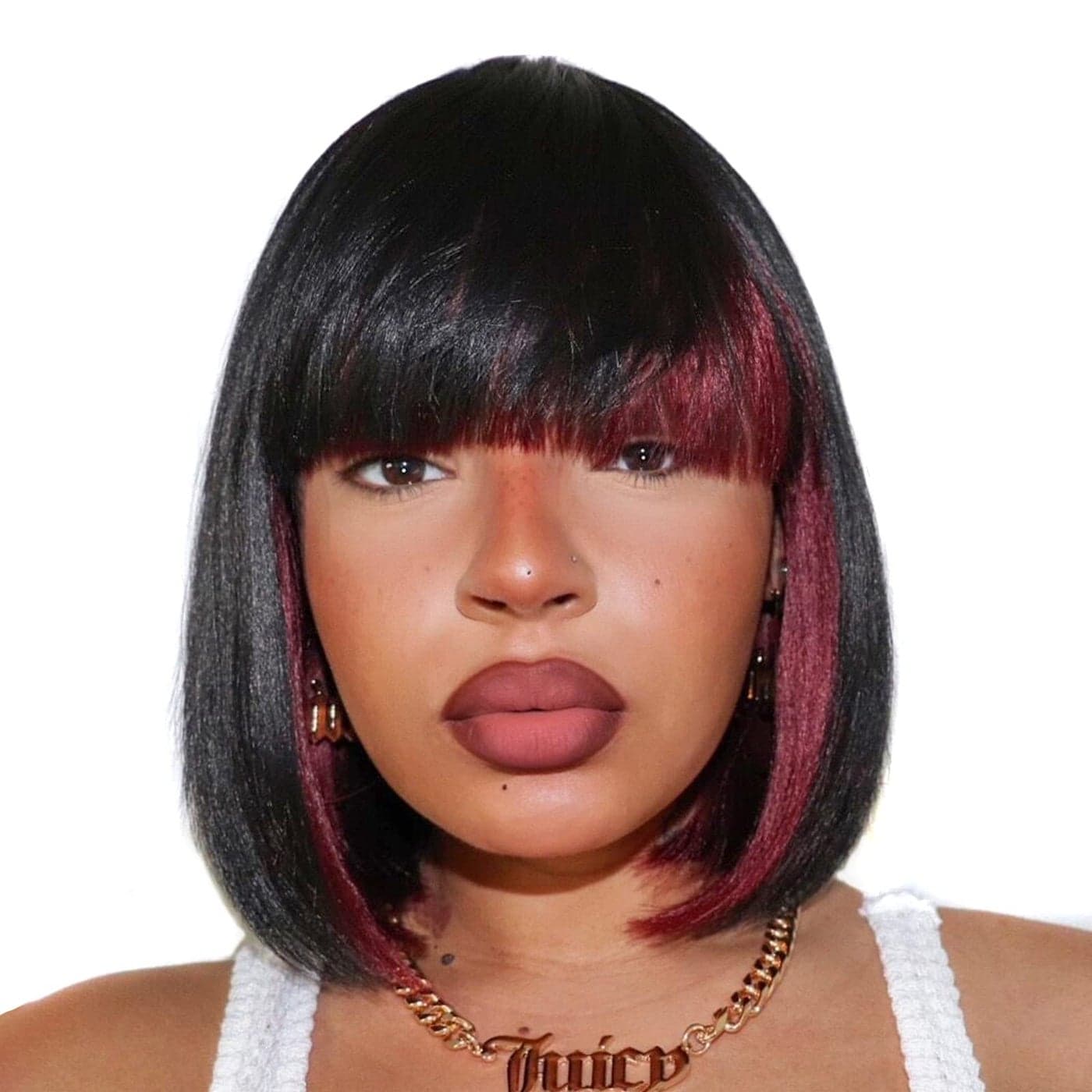 ToyoTress Black Mix Burgundy Bob Wig With Bangs 12 Inch Short Bob Wig With Bangs For Black Women Daily Costume Light Yaki Straight Synthetic Hair Wigs 12 Inch SHBurg612H