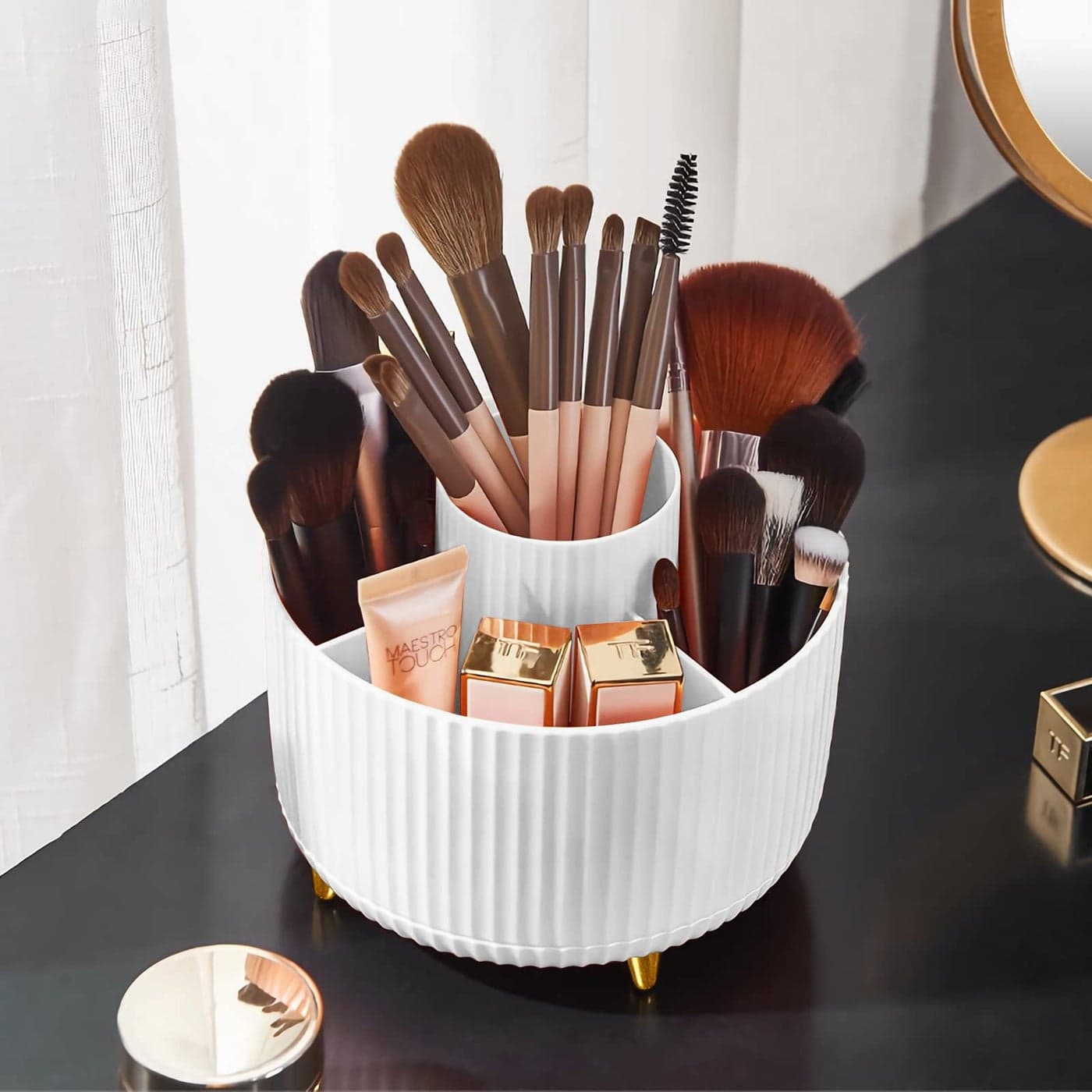Diesisa Makeup Brush Holder Organizer360 Rotating Makeup Brush Organizer5 Slot Make up Brushes Cup for Cosmetics Nail Polish Art Supply Bathroom Vanity Desktop Organizer White