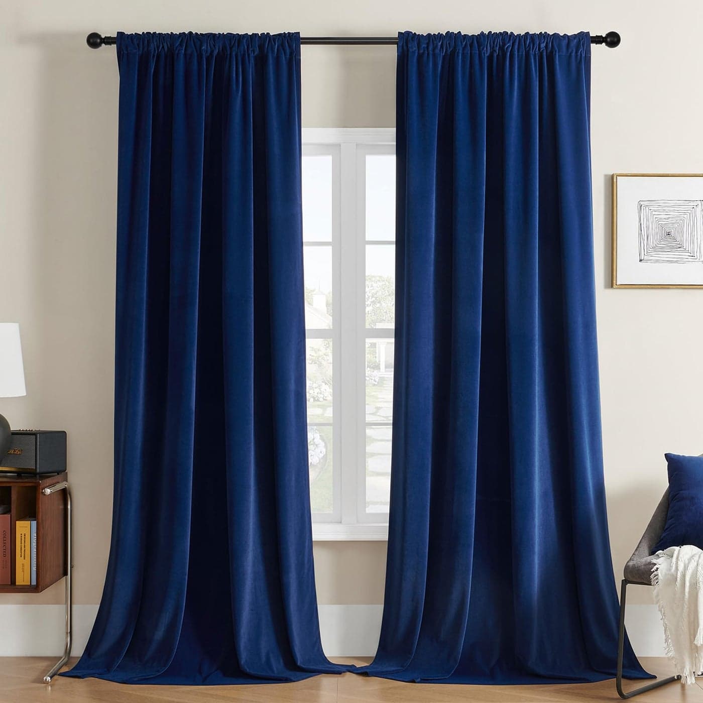 Joydeco Blue Velvet Curtains 84 inch Length 2 Panels Burg Set Luxury Rod Pocket Thermal Insulated Window Blackout Curtain Room Darkening Drapes for Living Dining Room Bedroom Privacy