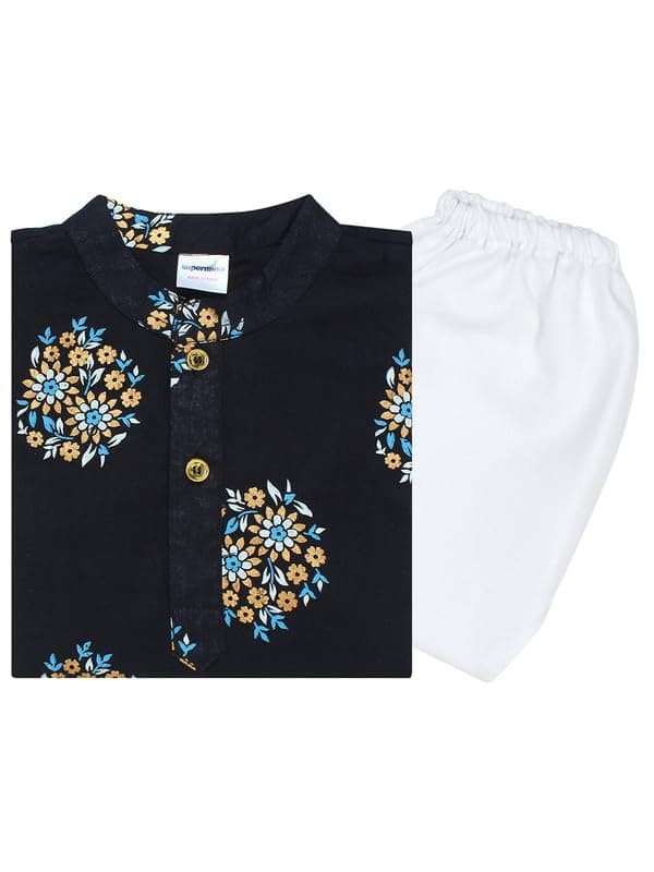superminis Boys Cotton Kurta Pyjama Set | Gold Foil Printed Ethnic Wear for Kids | Baby Boy Kurta Set with Elastic Pyjama | Festival & Wedding Outfit (Black, 3-4 Years)
