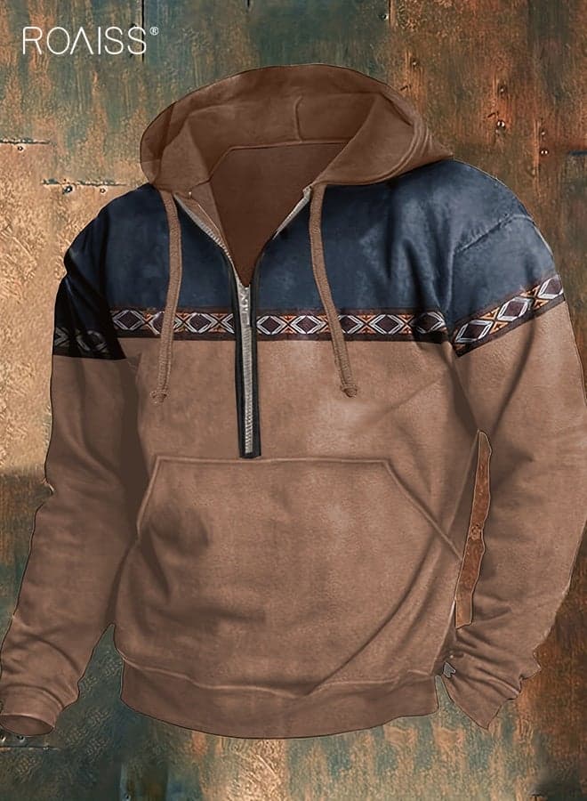 Men's Brown Navy Blue Two-Tone Hoodie Plus Size Pullover Sweatshirt with Hood, Machine Washable Design for Autumn Winter, Versatile for Casual and Formal Outfits, Durable All-Season Apparel