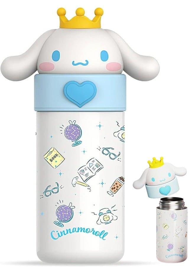 Kawaii Water Bottle Cartoon Thermos Water Bottle Cute Insulated Water Bottle Stainless Steel Water Cup for Hot or Cold Drinks for Hiking Camping Traveling Office School Car (350ML White)